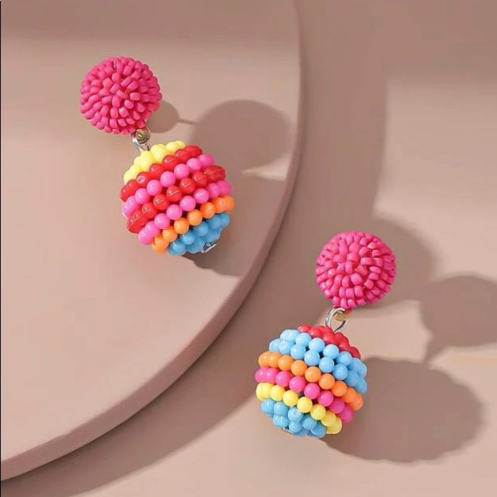 Summer Vibrant Pink and Blue Beaded Drop Earrings